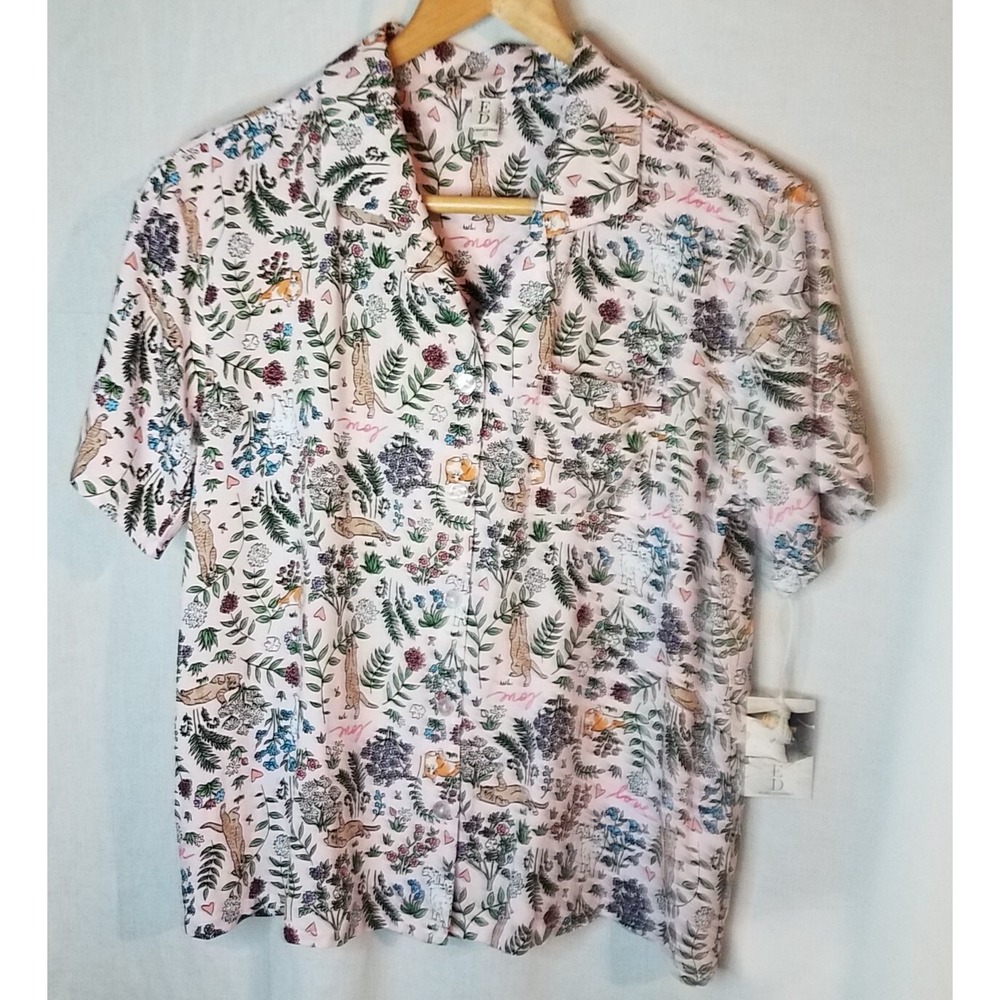 Ellen Degeneres Button Front Cat Kitten Leaves Pink Blouse Size Small